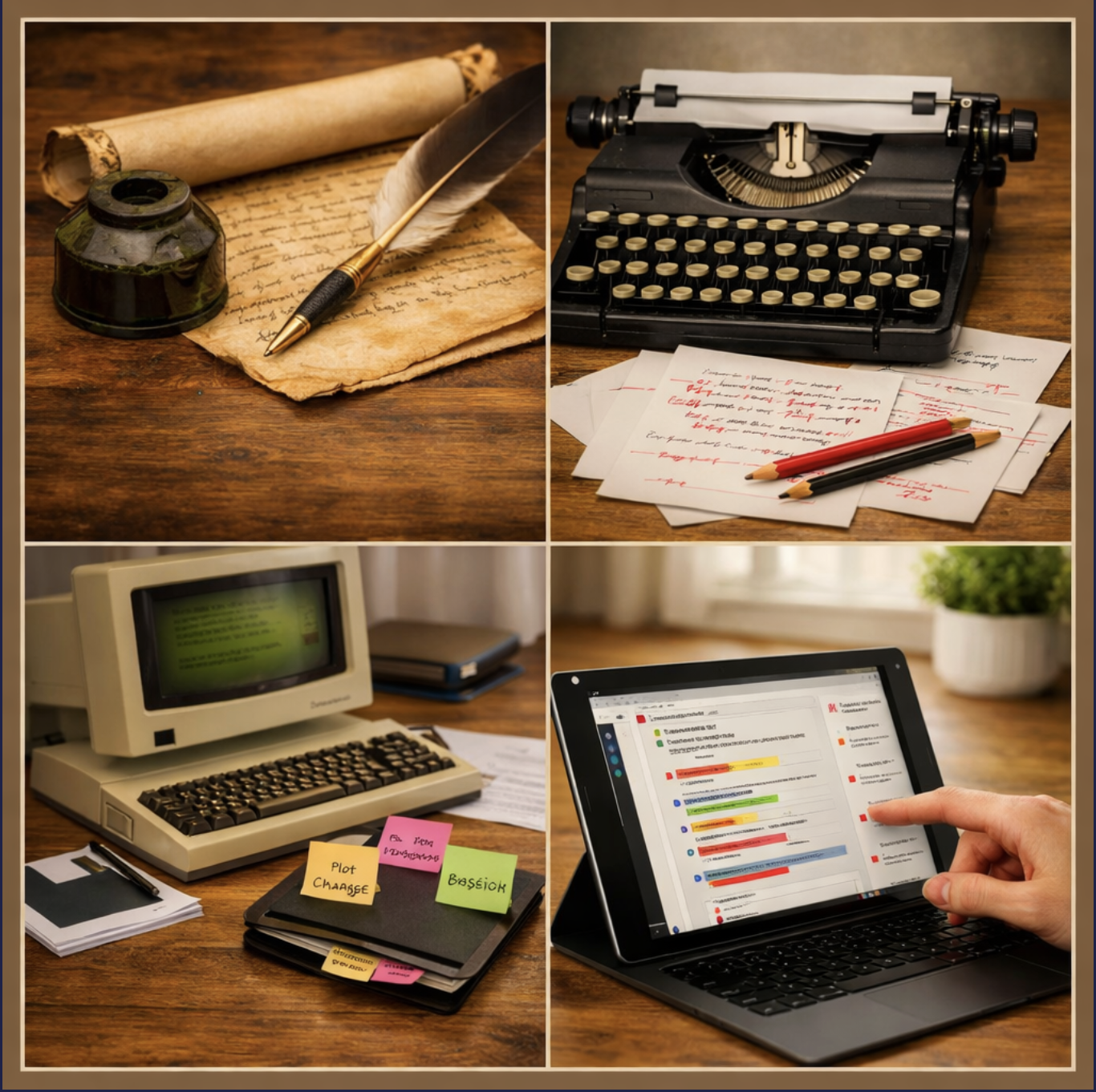 The evolution of writing, from quill pen to digital editorial work